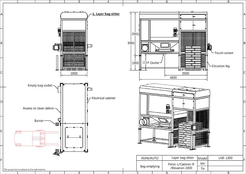 drawing of bag emptying machine for film pulling industry