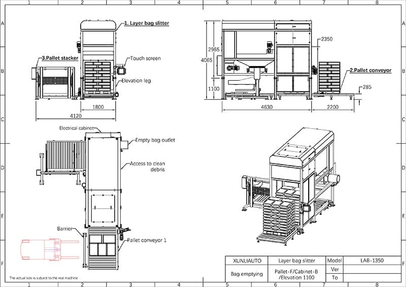 drawing of bag emptying machine fit for flexible layout